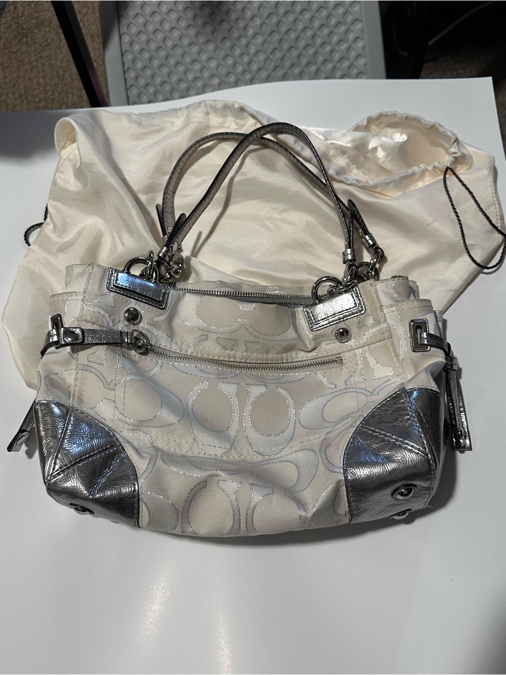 Coach Metallic Silver Signature Turnlock Satchel Y2K Handbag - Picture 8 of 15